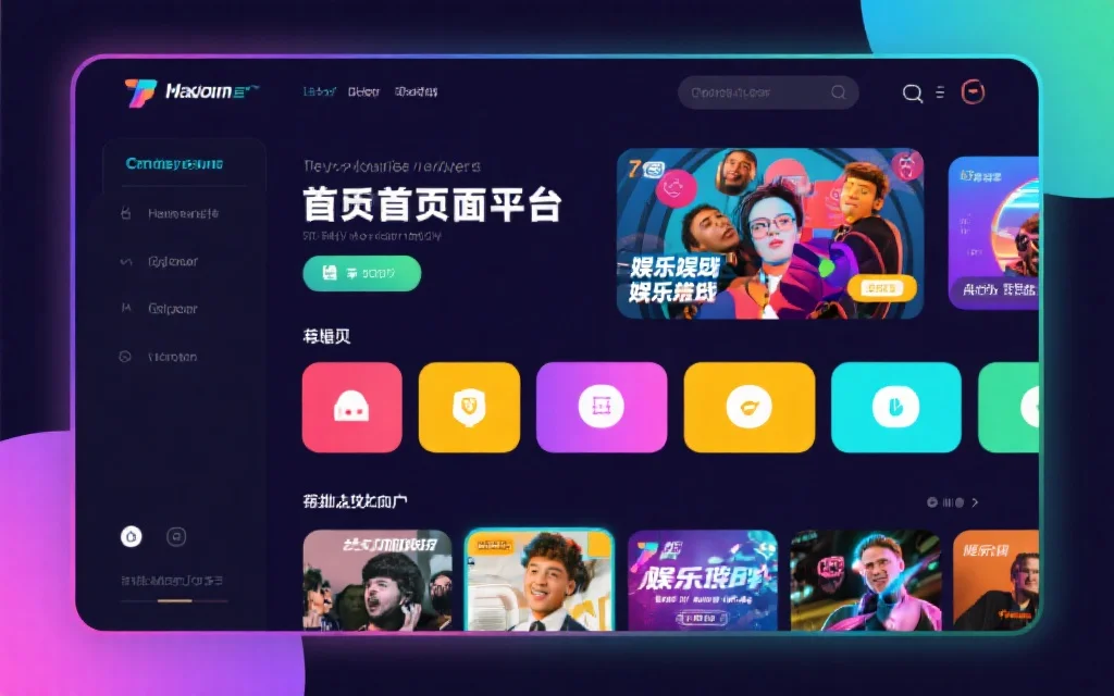 现代风格的娱乐平台首页界面，显示多种娱乐项目和醒目的用户界面按钮，色彩明快吸引